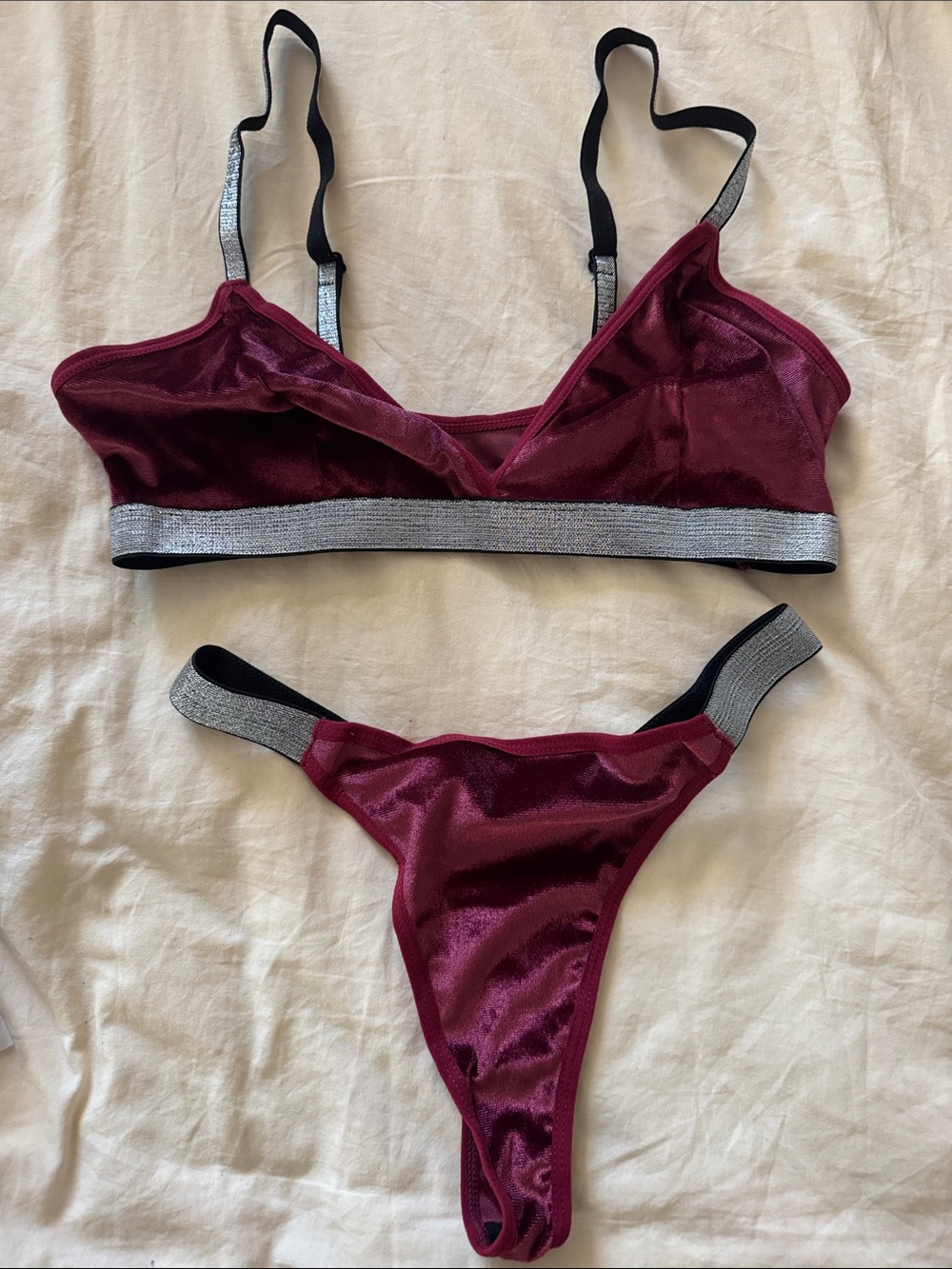 Women's Velvet Bralette & Thong Set - Burgundy with Silver Trim